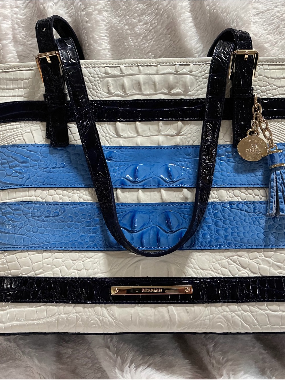 Brahmin White, Blue & Black Croc-Embossed Shoulder Tote